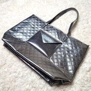 B&BW Large Quilted Metallic Silver Shopper Tote